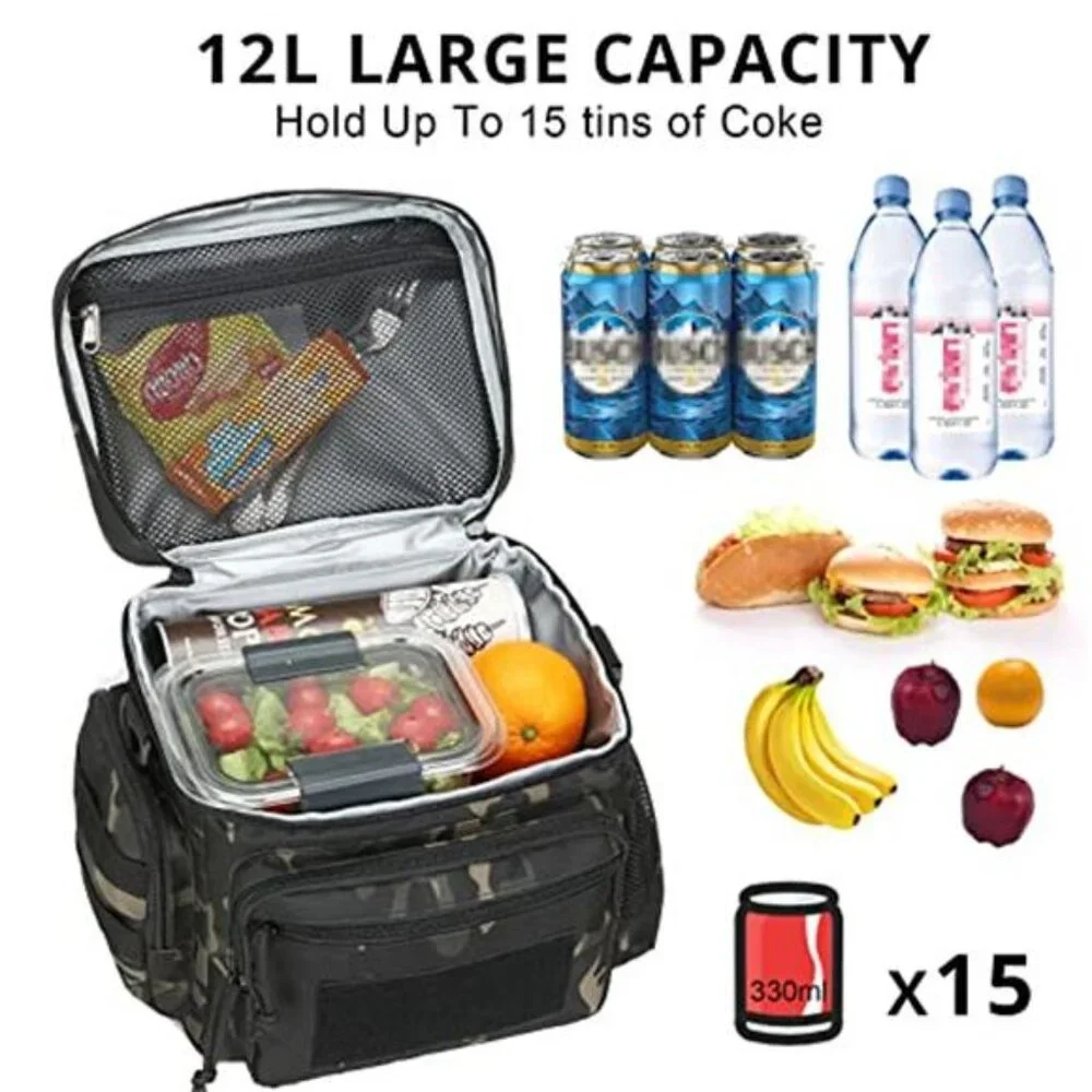 Tactical Insulated Lunch Bag Cooler MOLLE 12L Multi Pocket Work Travel Lunchbox
